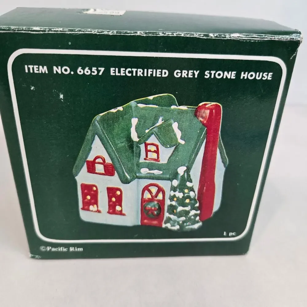 VTG 90s Pacific Rim Electrified Grey Stone House 6657 Christmas Village Ceramic